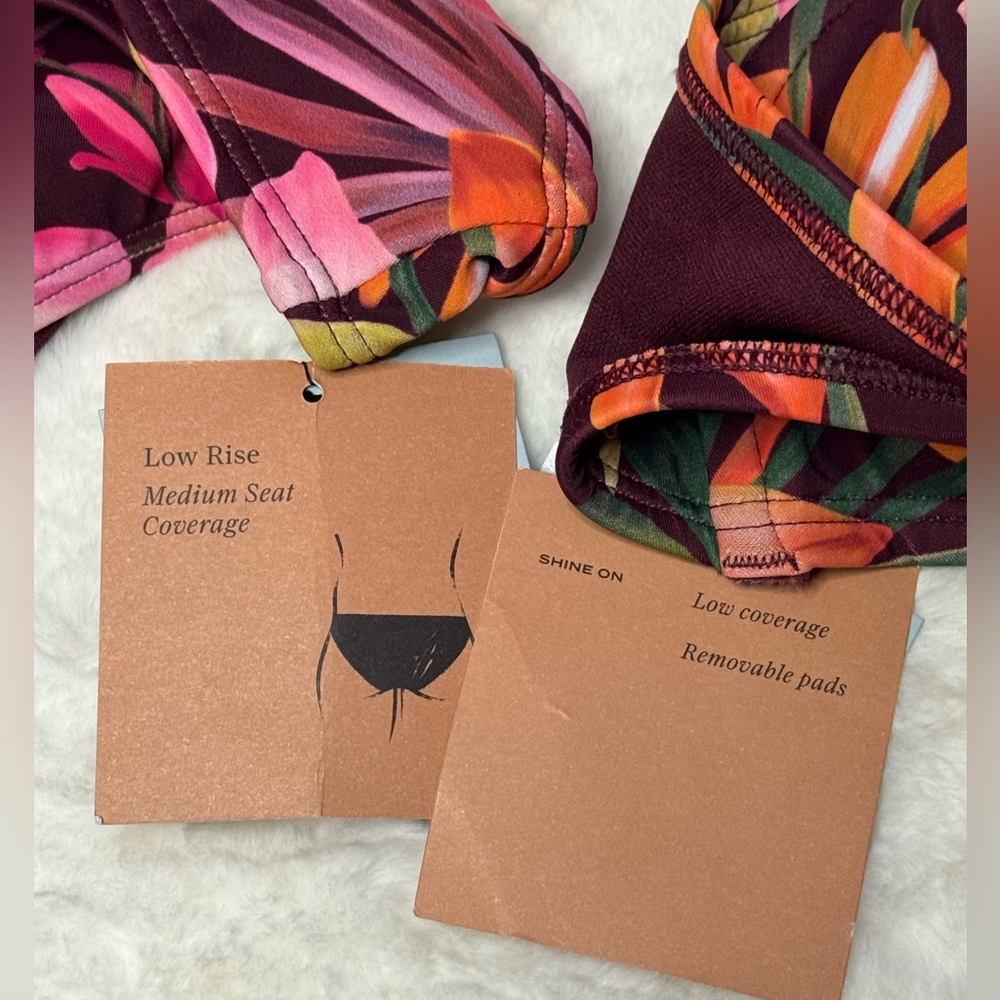 Shade & Shore Burgundy Tropical Floral 2-piece Bikini, Bottoms L, Top 36C - Picture 8 of 8